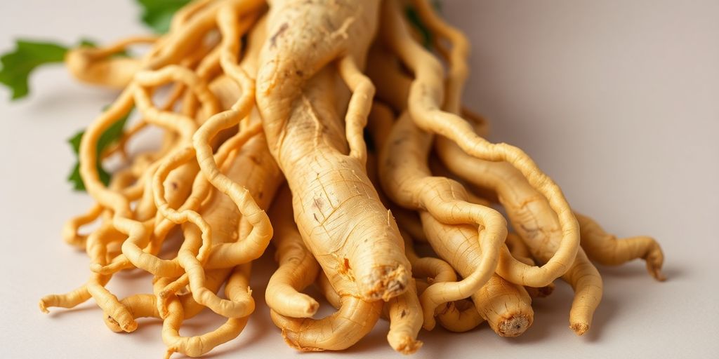 Fresh ginseng roots on a neutral background.