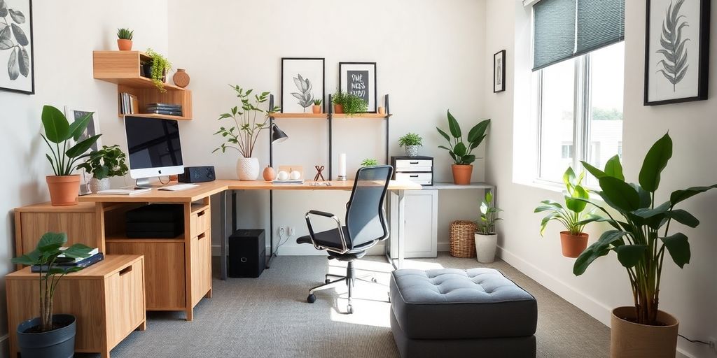 Compact office space with multi-functional furniture and decor.