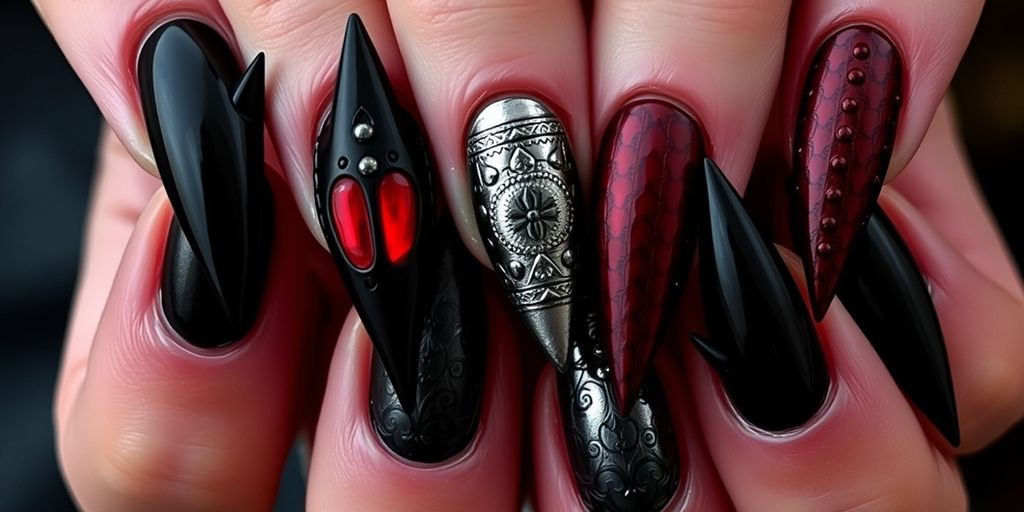 Gothic nail art with dark colors and intricate designs