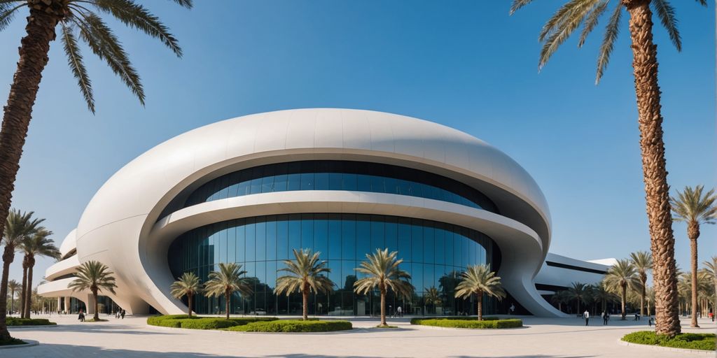Futuristic museum building with palm trees in Dubai.