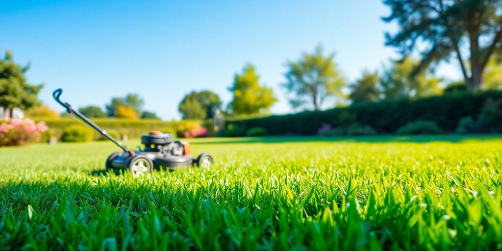 Neatly mowed lawn with mowing equipment and clear sky.