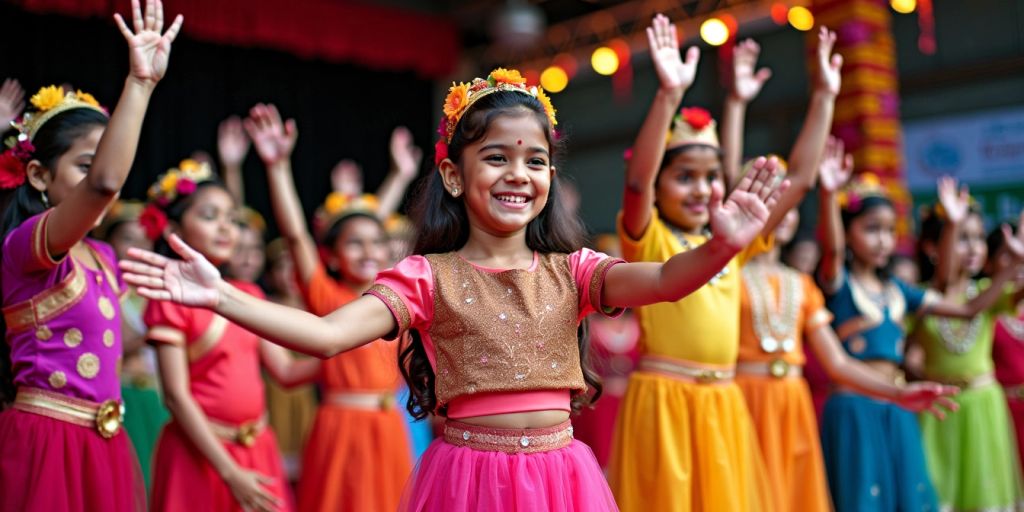 Girls in traditional attire on a vibrant stage.