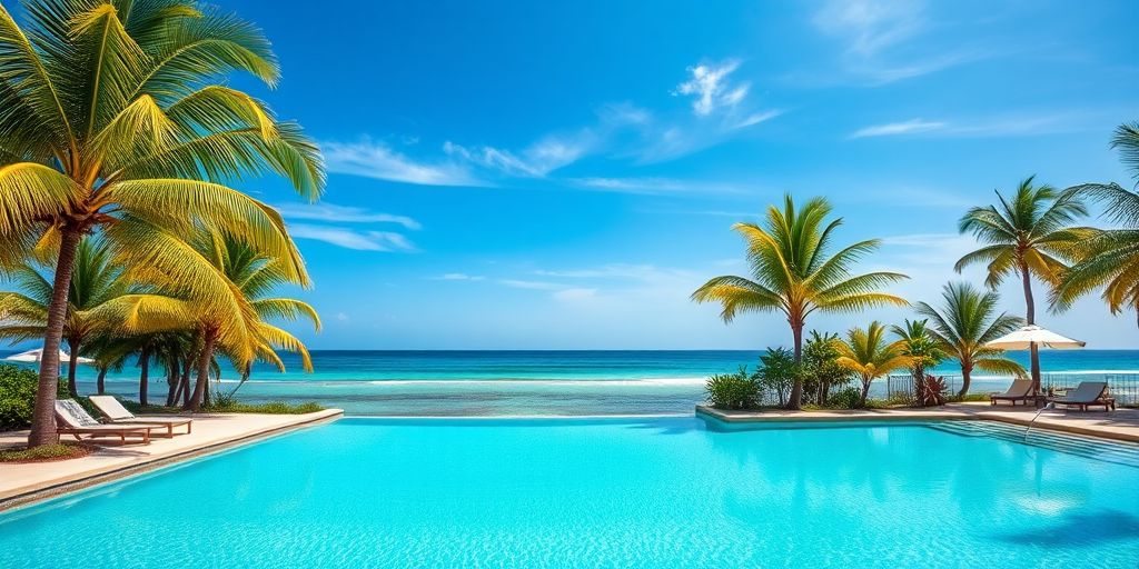 Resort pool with palm trees, ocean view