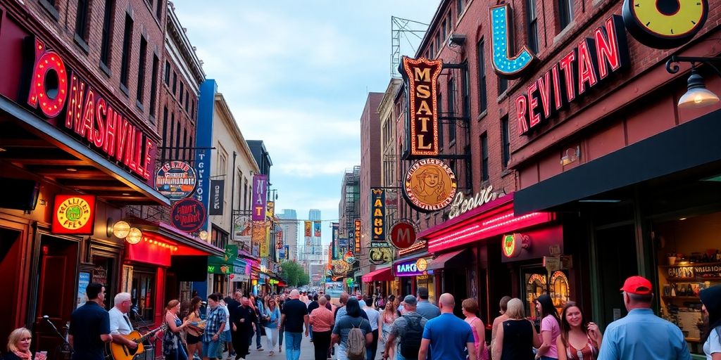 Colorful Nashville music scene with live performers and crowds.