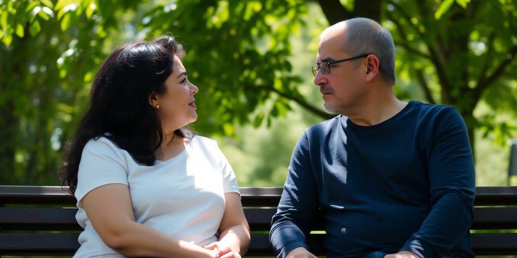 Two people talking outdoors.