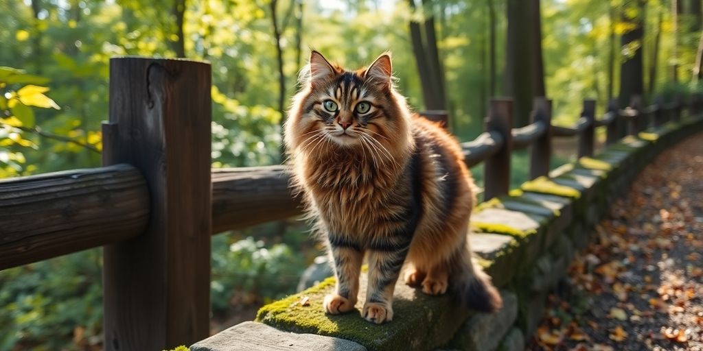 Norwegian Forest Cat with thick tabby fur on mossy ledge