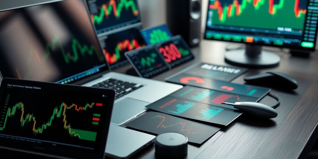 Photographic image of trading volume indicators on a desk.