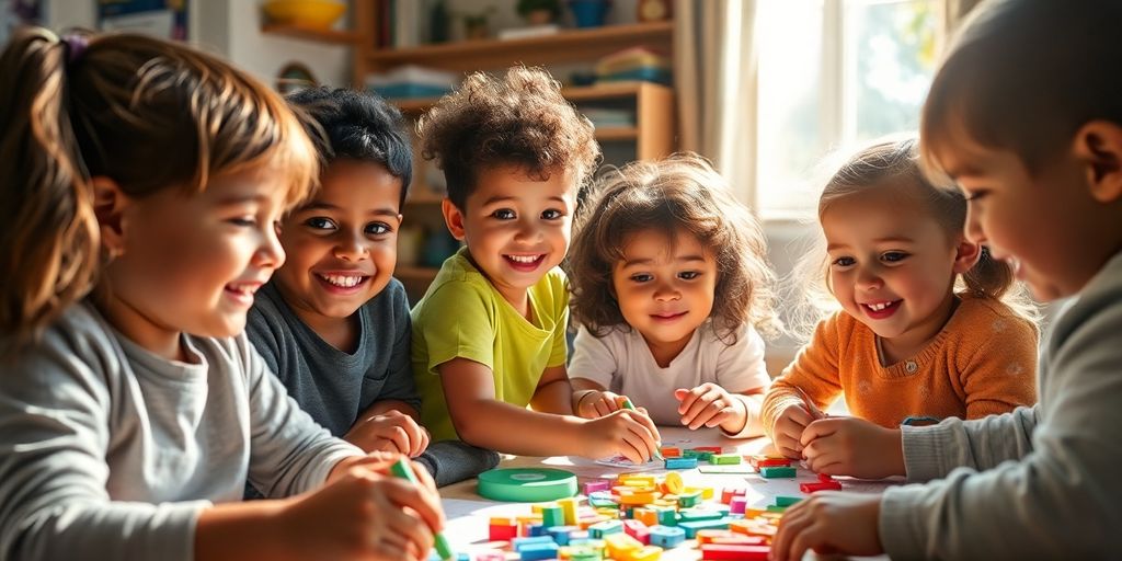 Children learning joyfully with educational toys.