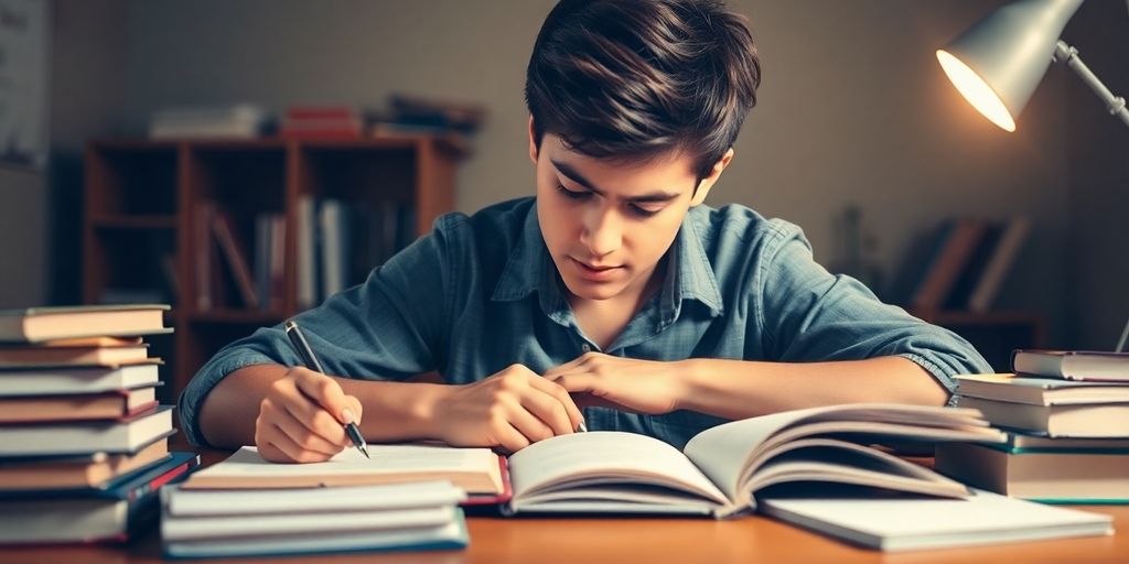 Determined student studying at a desk with books.
