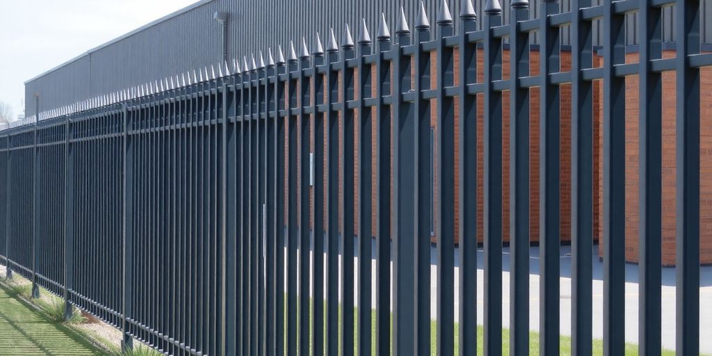 Sturdy tall metal fence enclosing commercial property.