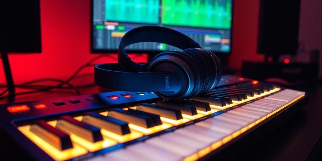 AI synth, headphones, music production screen