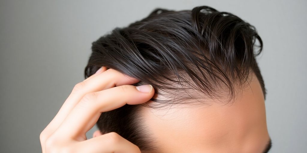 Person touching thinning hair on their crown area.