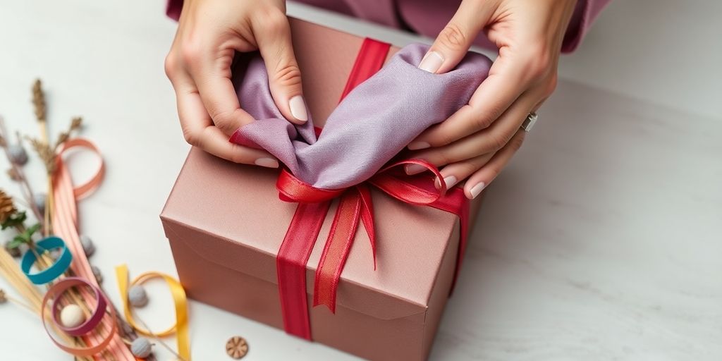 Hands wrapping a gift in fabric.