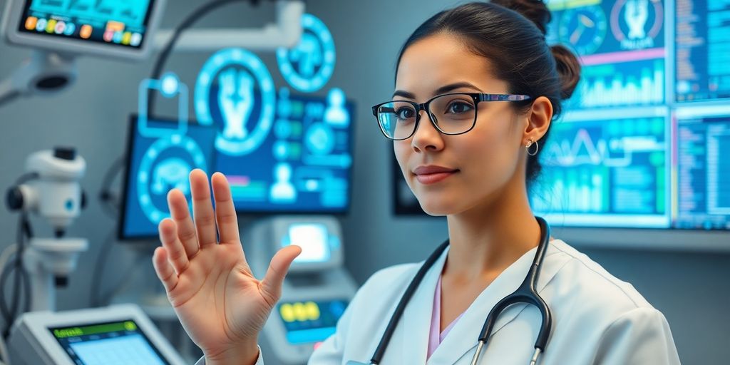 Healthcare professional using AI technology in a medical setting.