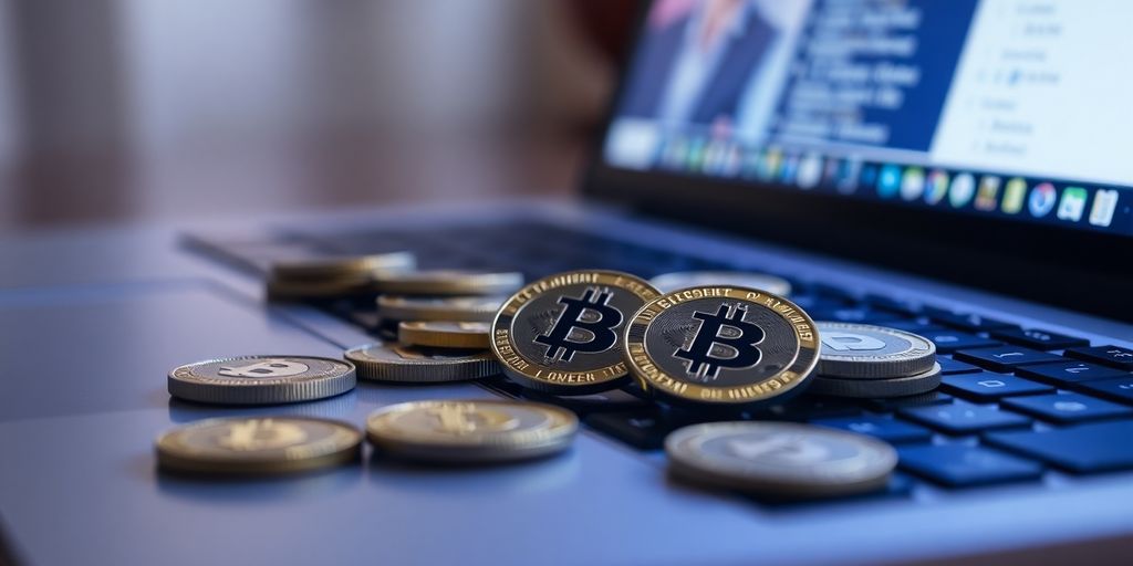 Des pièces de monnaie numériques sur un clavier d'ordinateur.