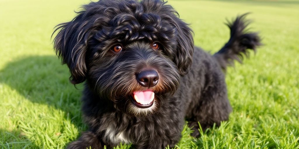 Portuguese Water Dog playing outdoors.