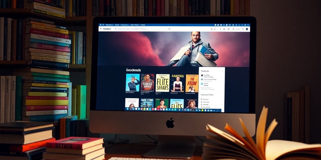 Colorful Goodreads interface on a desktop with books.