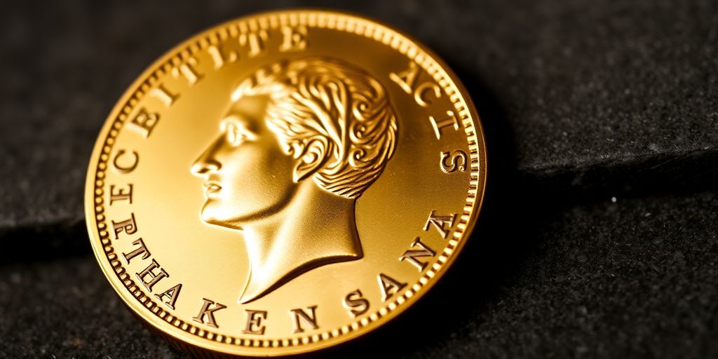 Pièce de Napoléon en or sur surface texturée.