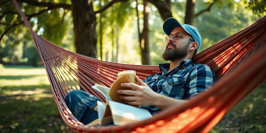 Blue collar worker relaxing in a hammock outdoors.