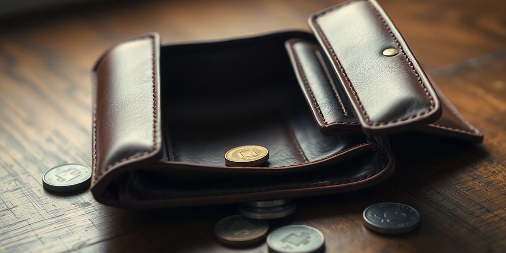 Empty wallet, stray coins, worried Aussie.