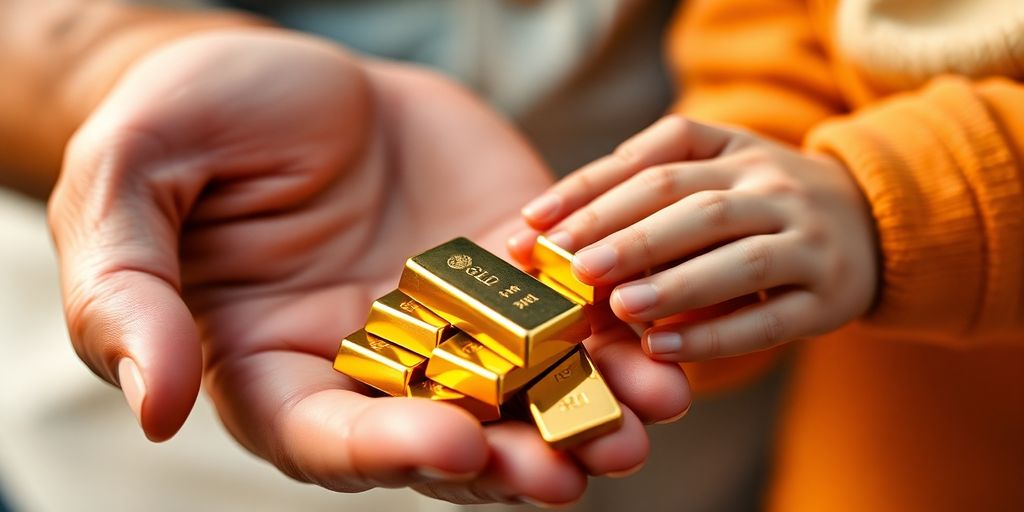 Lingots d'or dans les mains d'un enfant et d'un adulte