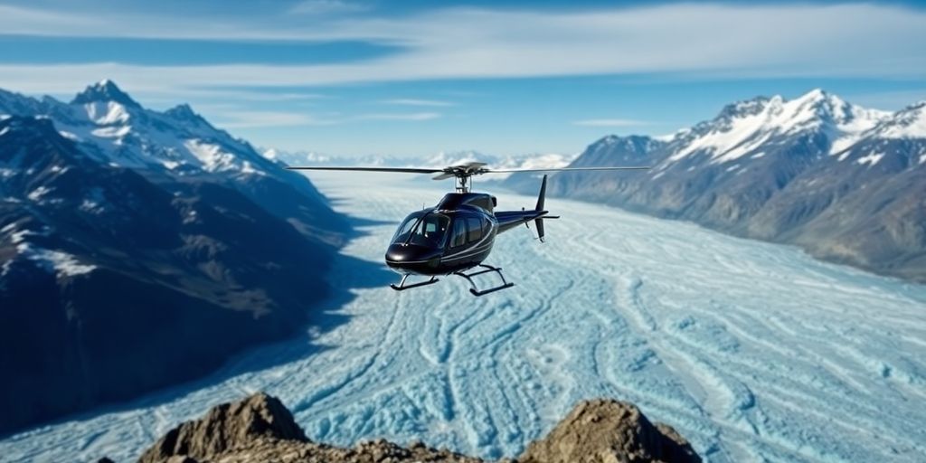 A helicopter flying over vast Alaskan glaciers and mountains.