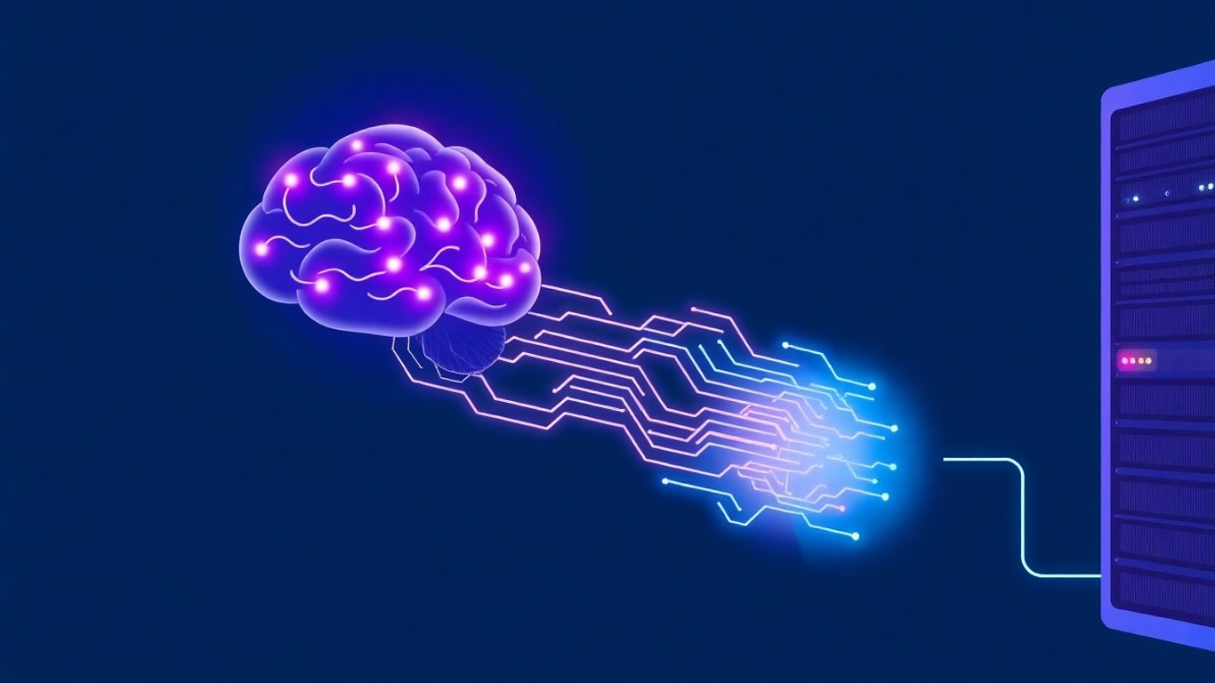 Infographic of a brain connected to a server rack.