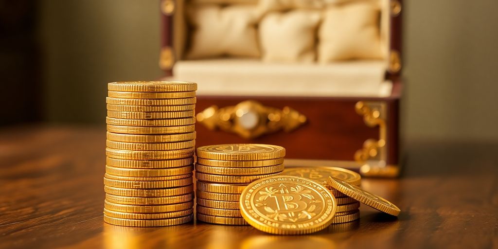 Pièces d'or empilées sur une table en bois.