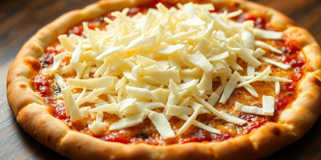 Good Planet Mozzarella shreds melting on a pizza.