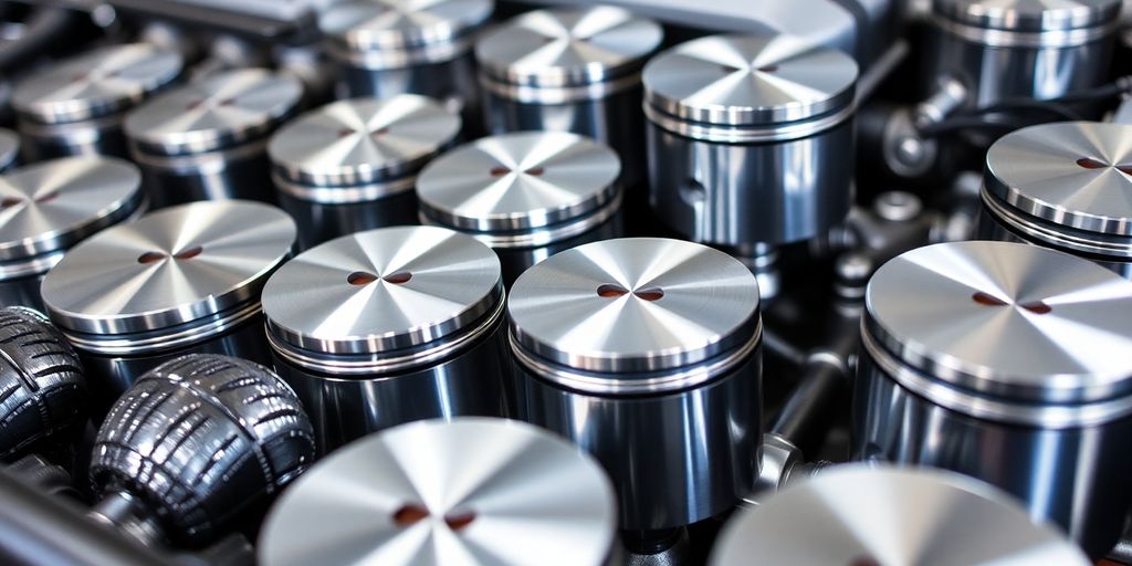 Shiny Mitsubishi engine components arranged neatly.