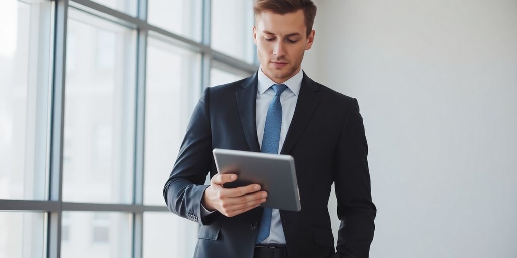 Executive in a modern office, tablet in hand
