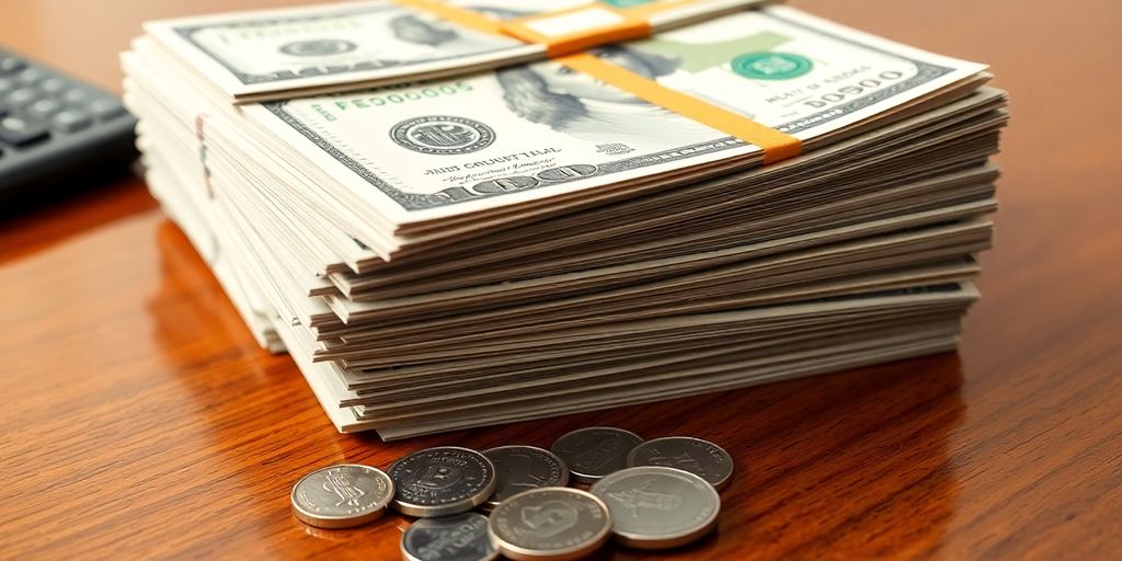 Billets de banque empilés avec calculatrice et stylos.