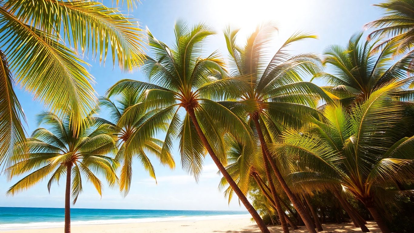 Tropical beach with palm trees and sunshine.