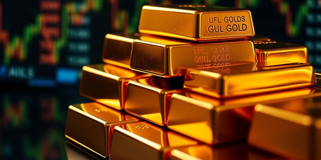 Des barres d'or brillantes sur un fond financier.