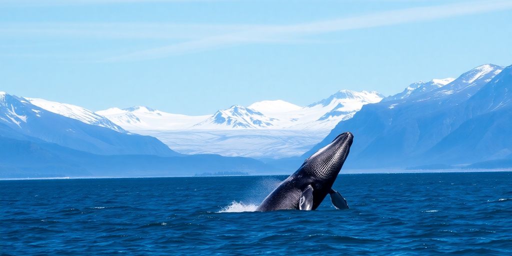 Humpback whale breaches in Resurrection Bay, Seward, Alaska.