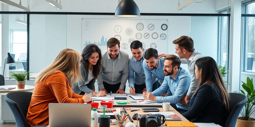 Diverse team collaborating in a modern office setting.