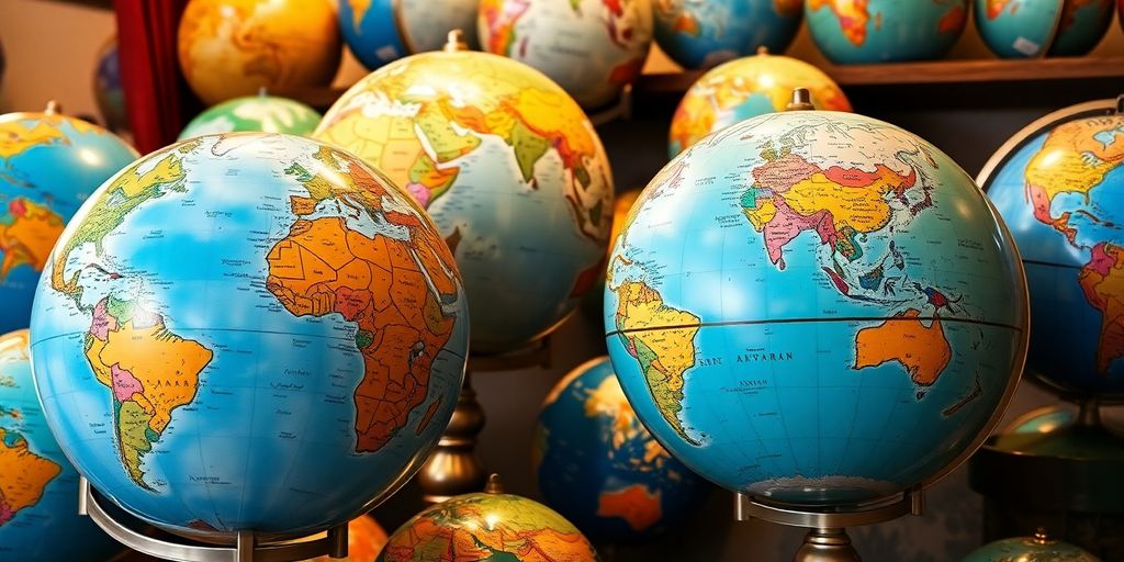 A collection of globes in a cozy home environment.