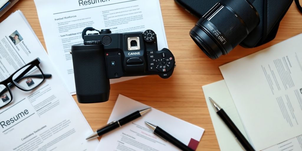 Camera, resume, and business documents on a table.