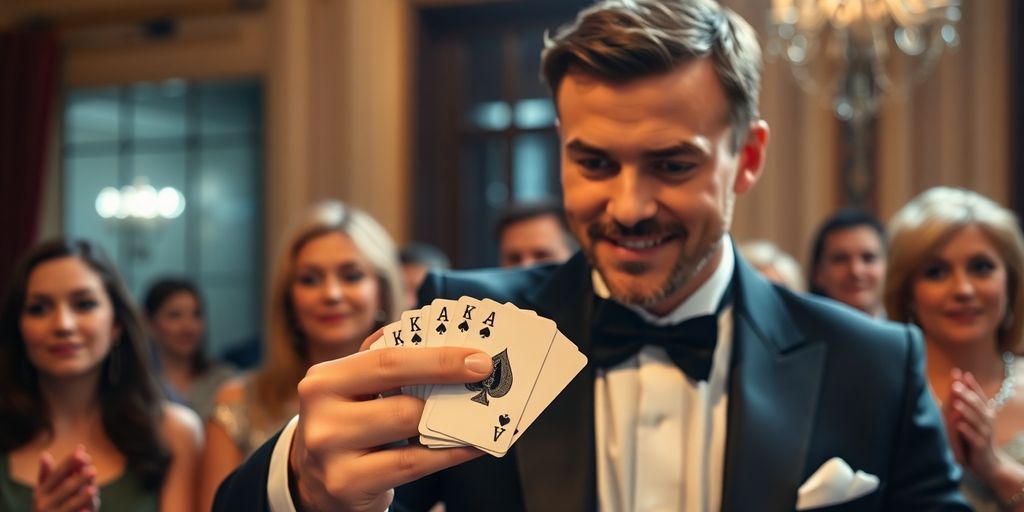 Magician performing close-up card trick at an event.