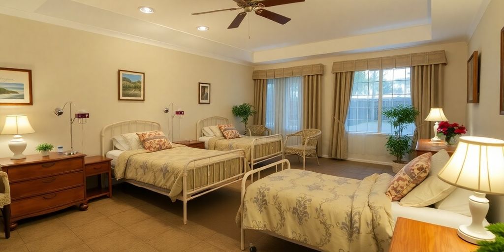 Quarto acolhedor em casa de repouso para idosos.