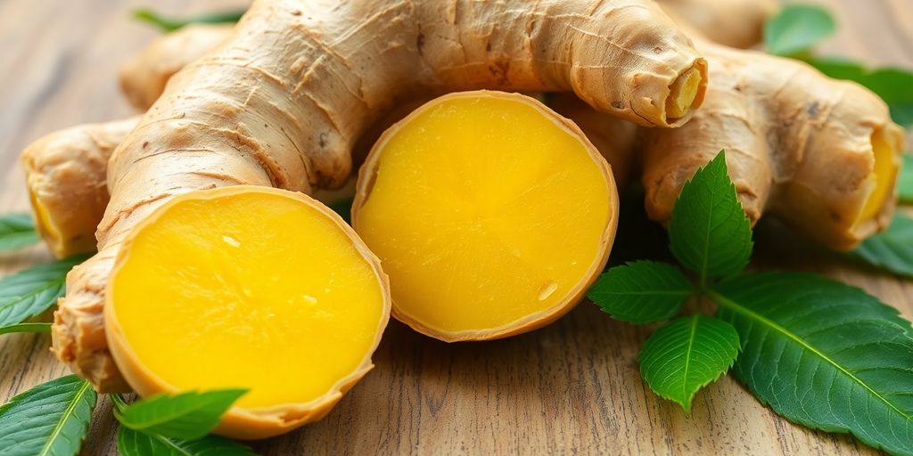 Fresh ginger roots on a wooden surface with leaves.
