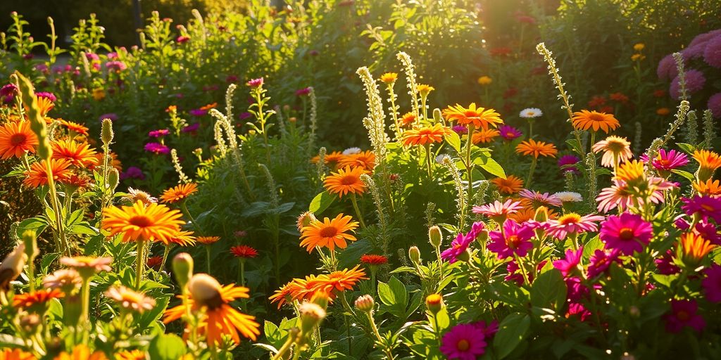 Garten im Spätsommer mit bunten Blumen.