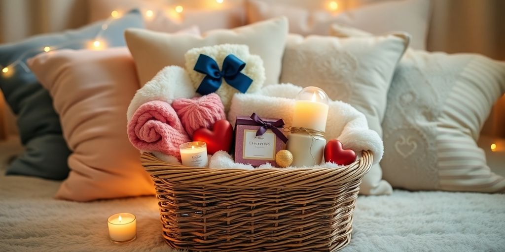 Valentine's gift basket with blankets and chocolates.
