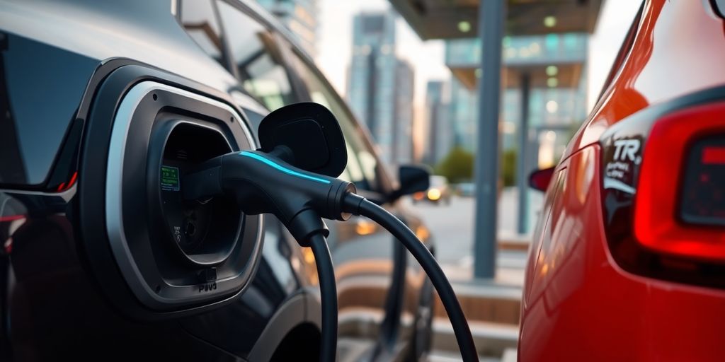 Electric vehicle charging station with an EV plugged in.