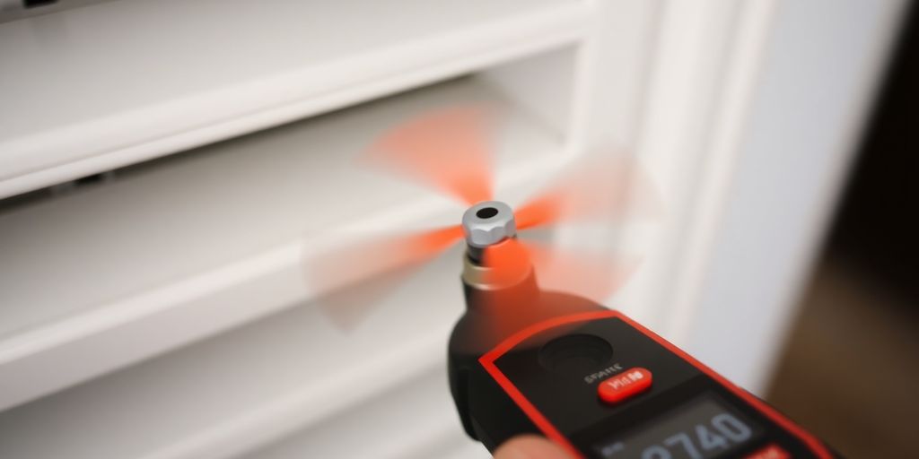 Anémomètre à hélice mesurant le débit d'air dans une bouche de ventilation.