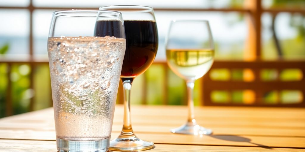 A glass of water beside a wine glass on a table.