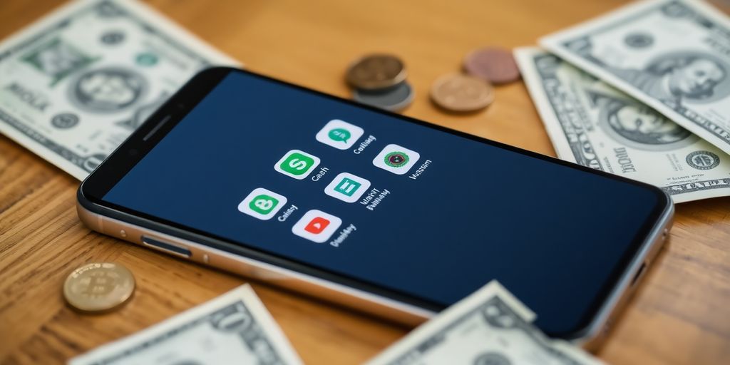 Smartphone with cash back app icons and money.