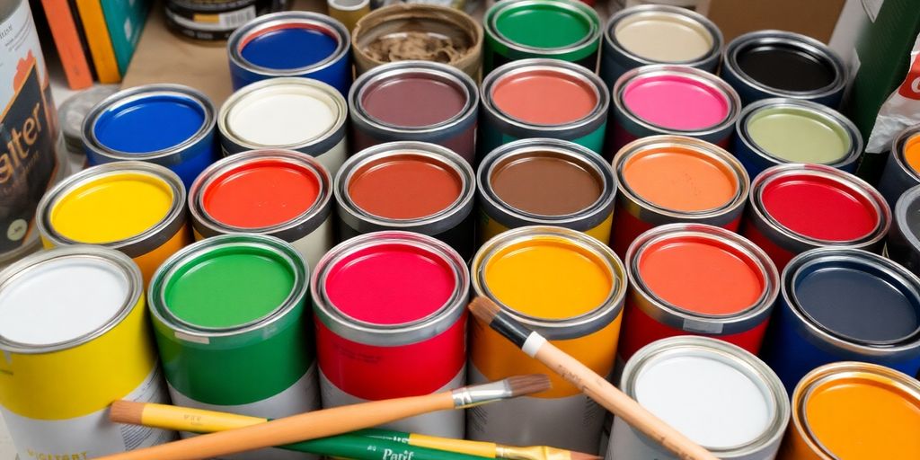 Paint cans and brushes on a wooden surface.