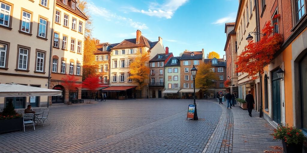 Autumnal European cityscape with colorful foliage.