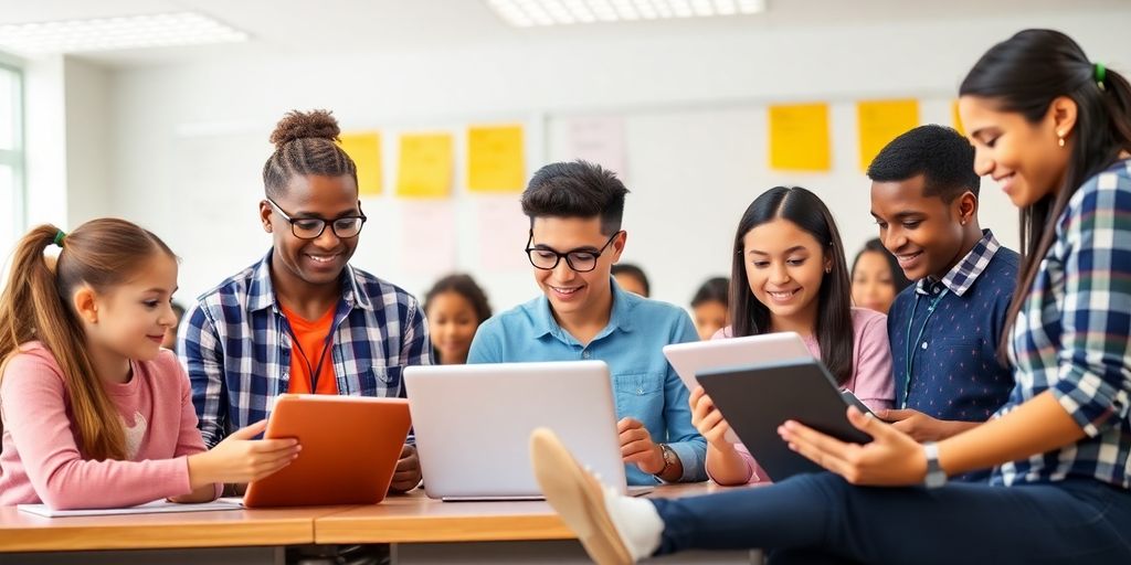 Educators and students using technology in a classroom setting.